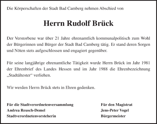 Traueranzeige von Rudolf Brück von Camberger Anzeiger