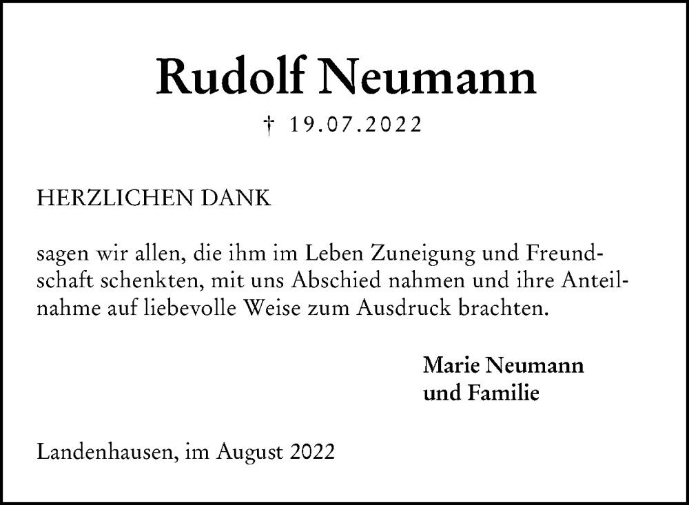  Traueranzeige für Rudolf Neumann vom 20.08.2022 aus Lauterbacher Anzeiger