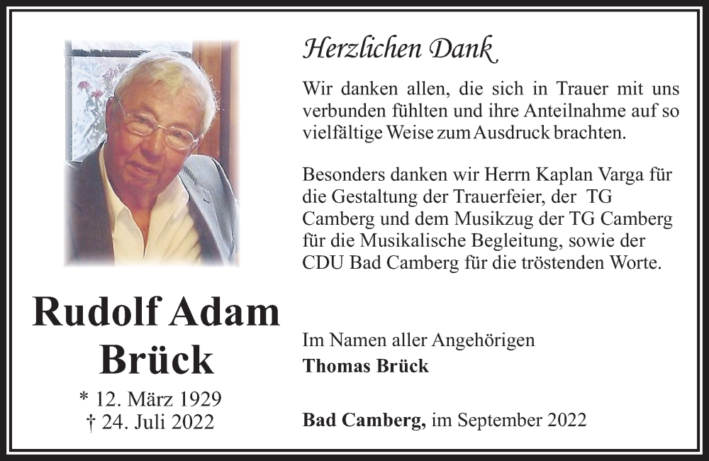  Traueranzeige für Rudolf Adam Brück vom 01.09.2022 aus Camberger Anzeiger
