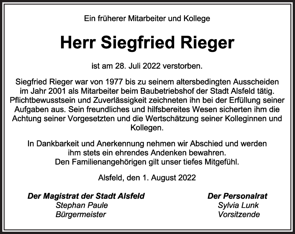  Traueranzeige für Siegfried Rieger vom 02.08.2022 aus Oberhessische Zeitung