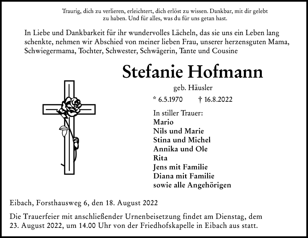  Traueranzeige für Stefanie Hofmann vom 18.08.2022 aus Dill Block