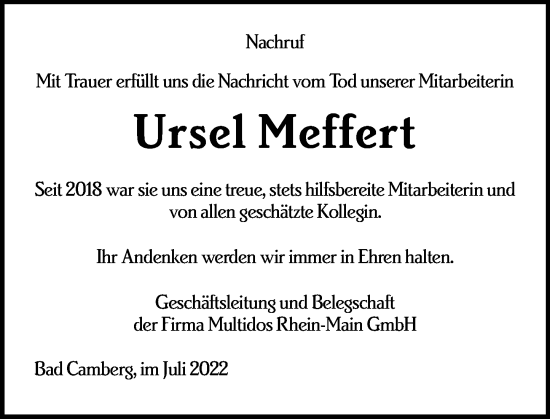 Traueranzeige von Ursel Meffert von Camberger Anzeiger