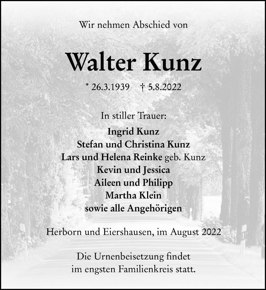  Traueranzeige für Walter Kunz vom 12.08.2022 aus Dill Block