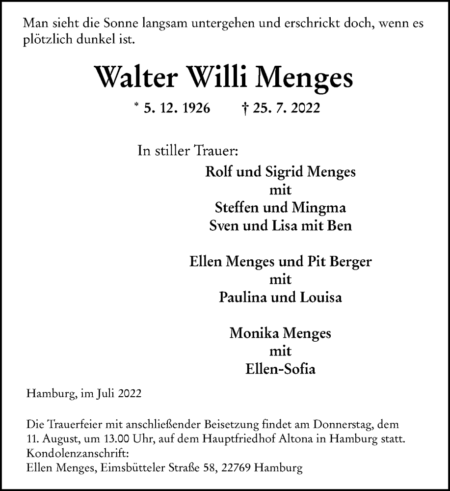  Traueranzeige für Walter Willi Menges vom 06.08.2022 aus Dill Block