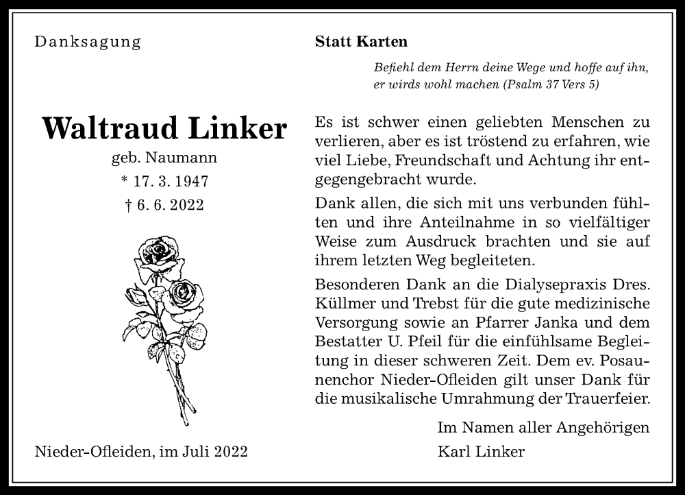 Traueranzeige für Waltraud Linker vom 06.08.2022 aus Oberhessische Zeitung