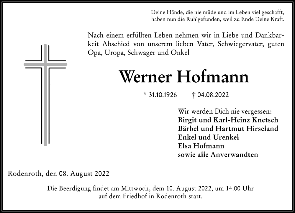  Traueranzeige für Werner Hofmann vom 08.08.2022 aus Dill Block