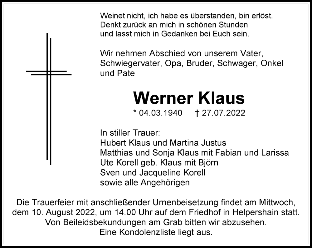  Traueranzeige für Werner Klaus vom 06.08.2022 aus Lauterbacher Anzeiger