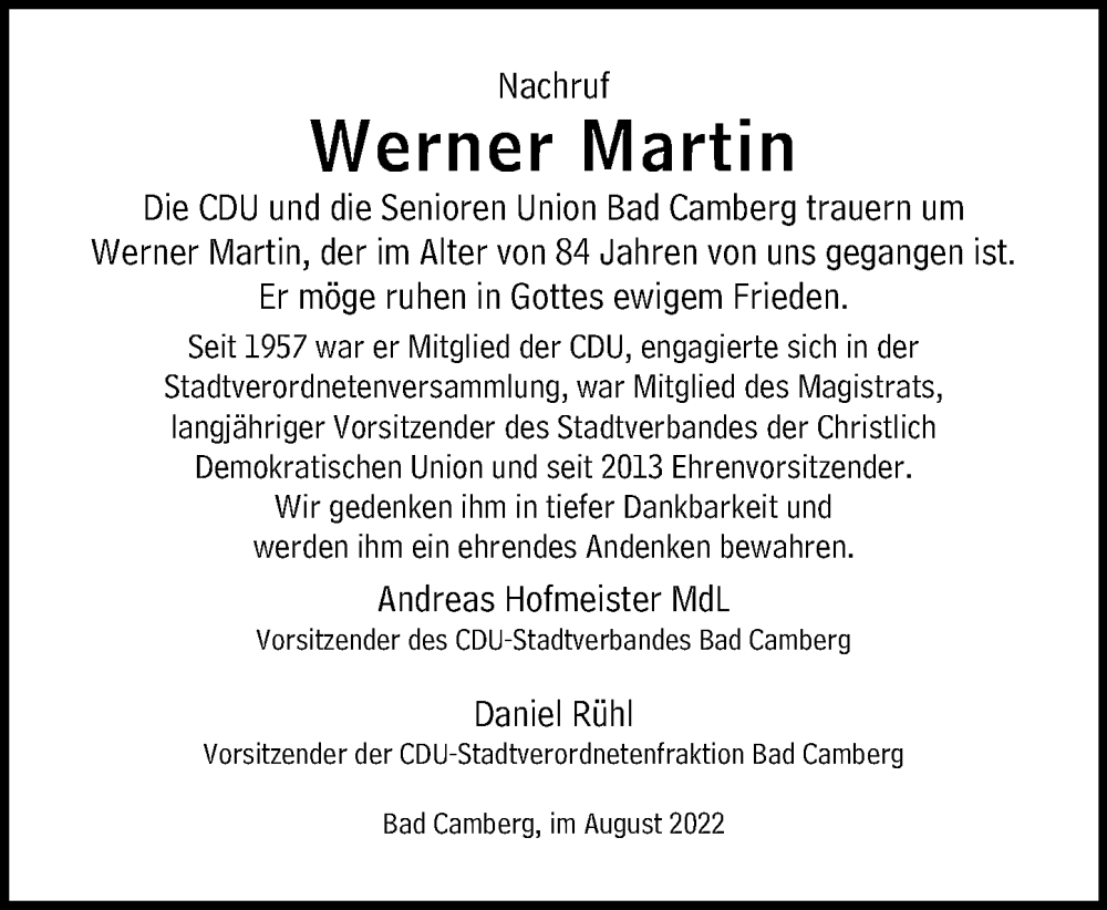  Traueranzeige für Werner Martin vom 04.08.2022 aus Camberger Anzeiger