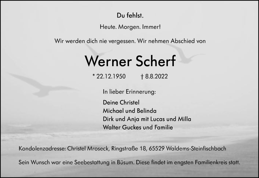  Traueranzeige für Werner Scherf vom 18.08.2022 aus Camberger Anzeiger