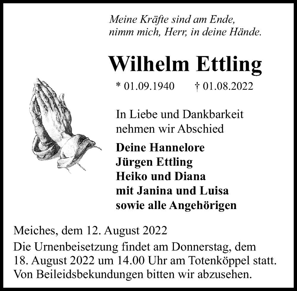  Traueranzeige für Wilhelm Ettling vom 15.08.2022 aus OK Oberhessen Kurier