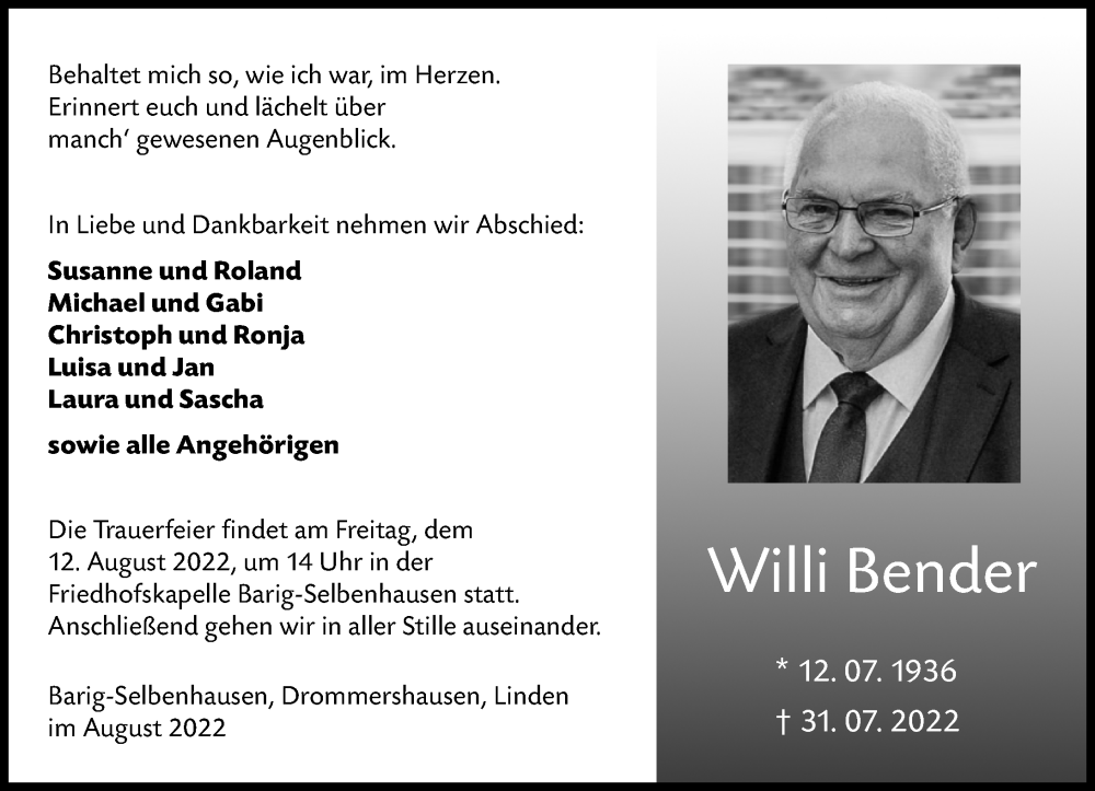  Traueranzeige für Willi Bender vom 06.08.2022 aus Weilburger Tageblatt