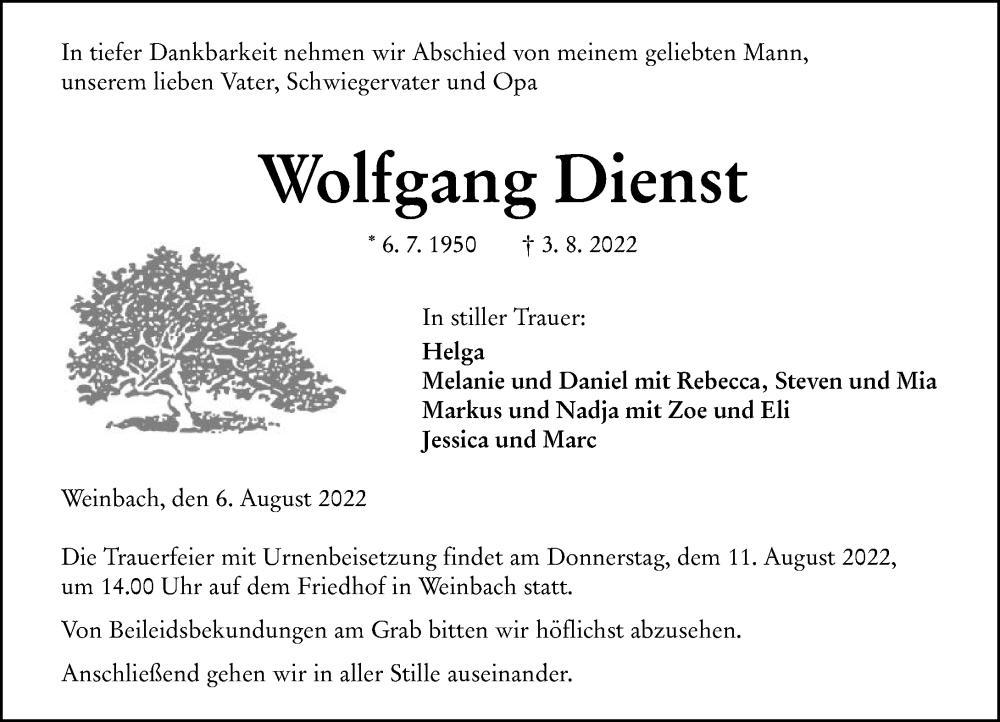  Traueranzeige für Wolfgang Dienst vom 06.08.2022 aus Weilburger Tageblatt