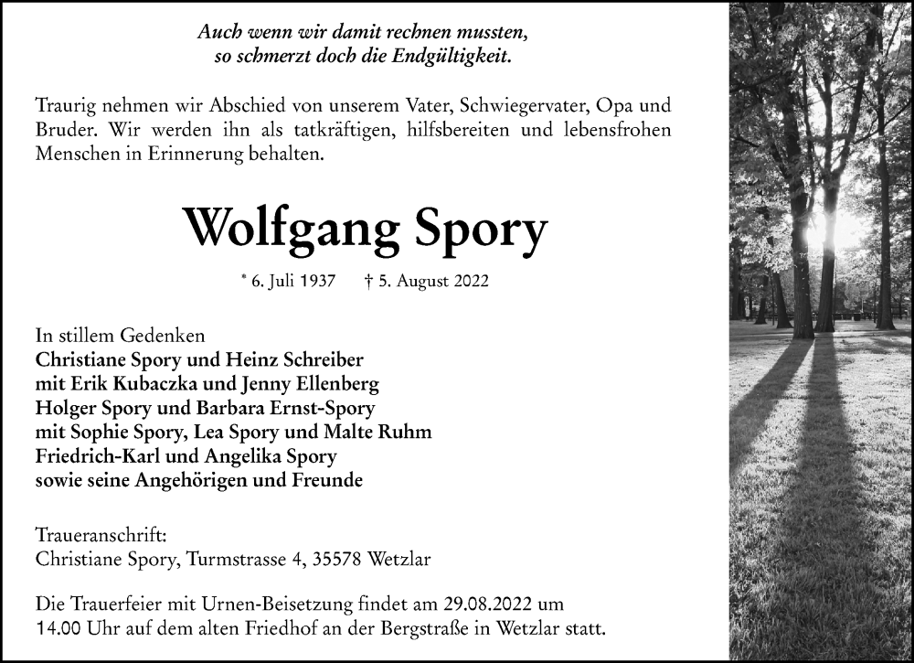  Traueranzeige für Wolfgang Spory vom 11.08.2022 aus Weilburger Tageblatt