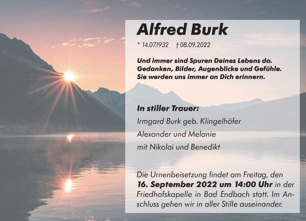  Traueranzeige für Alfred Burk vom 14.09.2022 aus Hinterländer Anzeiger