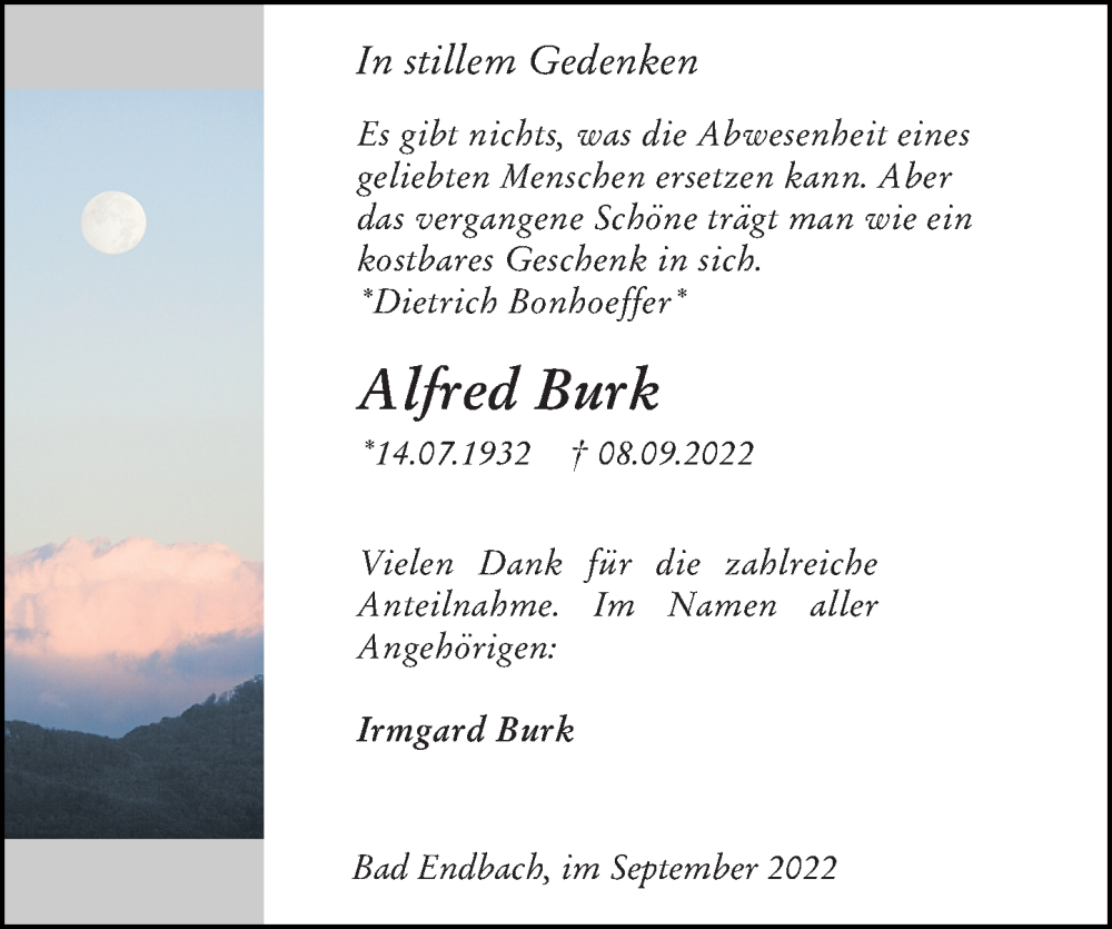  Traueranzeige für Alfred Burk vom 23.09.2022 aus Hinterländer Anzeiger
