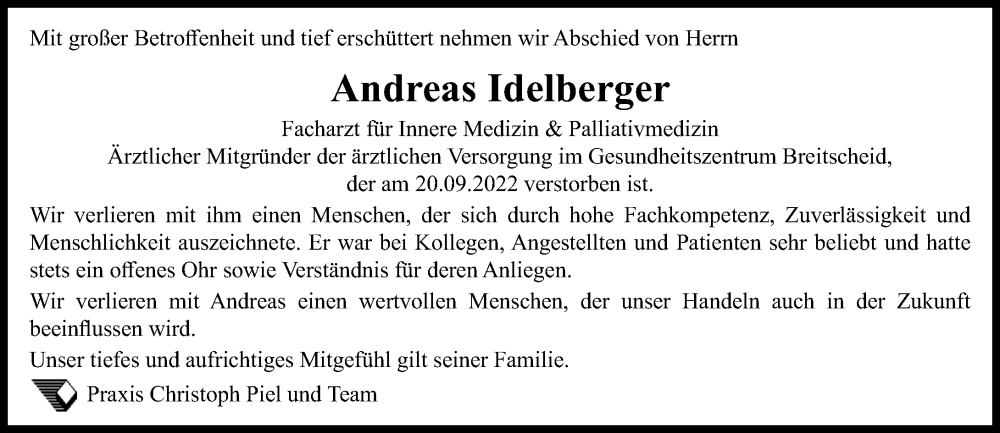  Traueranzeige für Andreas Idelberger vom 27.09.2022 aus Dill Block