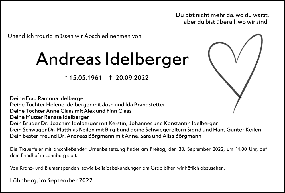  Traueranzeige für Andreas Idelberger vom 27.09.2022 aus Weilburger Tageblatt