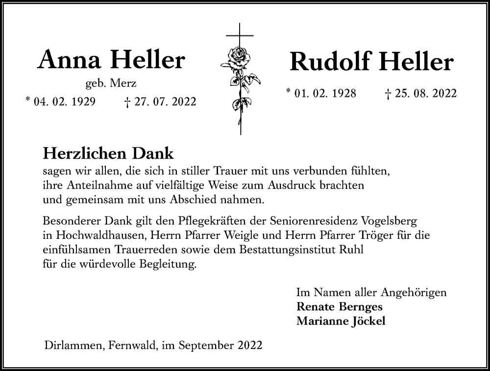  Traueranzeige für Anna Heller vom 01.10.2022 aus Lauterbacher Anzeiger