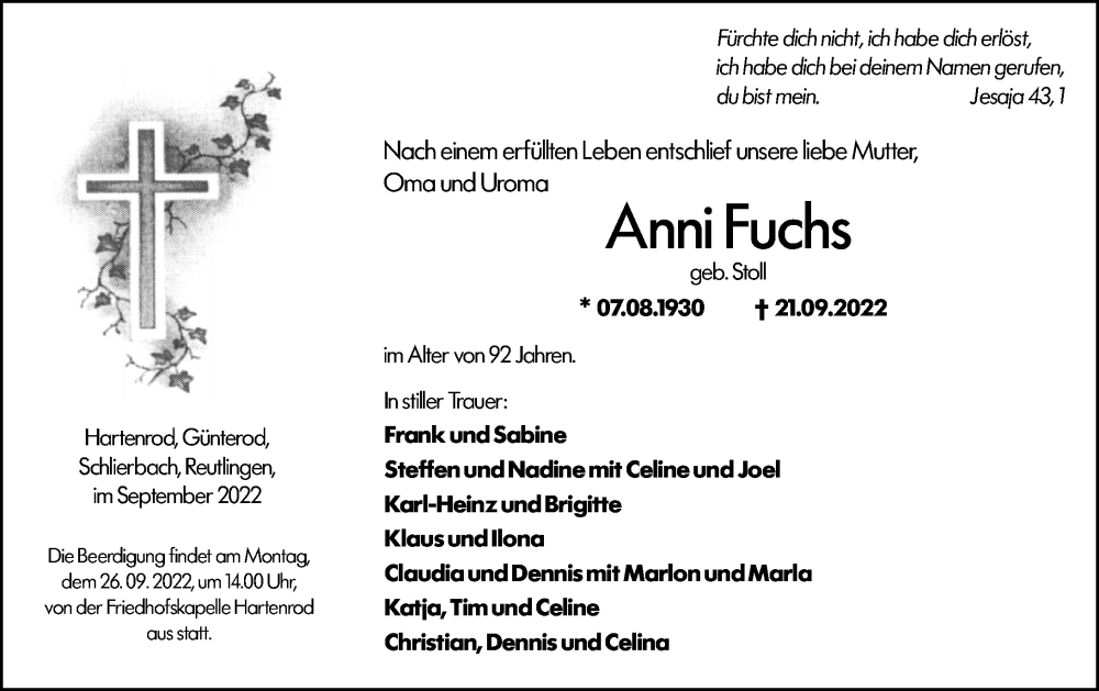  Traueranzeige für Anni Fuchs vom 23.09.2022 aus Dill Block
