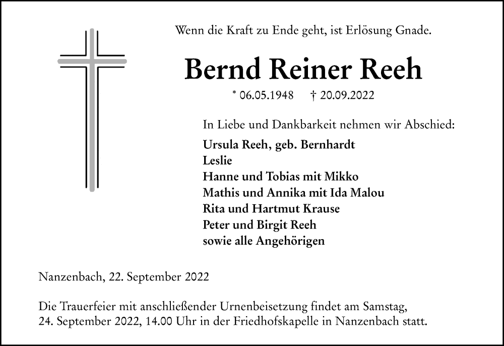  Traueranzeige für Bernd Reiner Reeh vom 22.09.2022 aus Dill Block