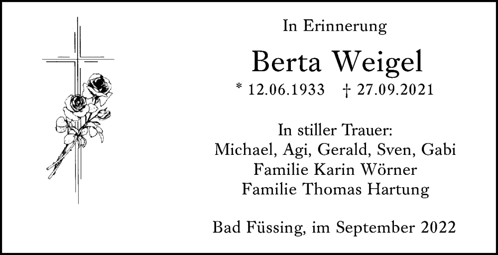  Traueranzeige für Berta Weigel vom 27.09.2022 aus Wetzlarer Neue Zeitung