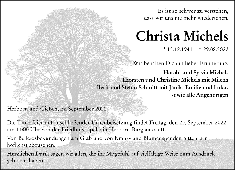  Traueranzeige für Christa Michels vom 20.09.2022 aus Dill Block