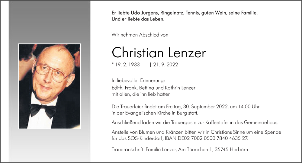  Traueranzeige für Christian Lenzer vom 27.09.2022 aus Dill Block