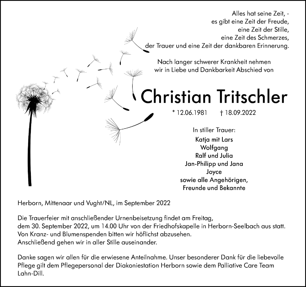 Traueranzeige für Christian Tritschler vom 26.09.2022 aus Dill Block