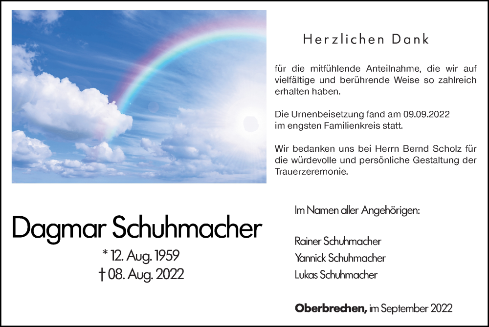  Traueranzeige für Dagmar Schuhmacher vom 15.09.2022 aus Camberger Anzeiger