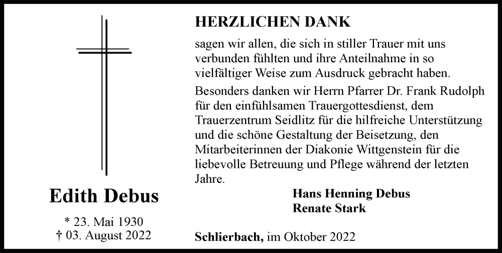  Traueranzeige für Edith Debus vom 01.10.2022 aus Hinterländer Anzeiger