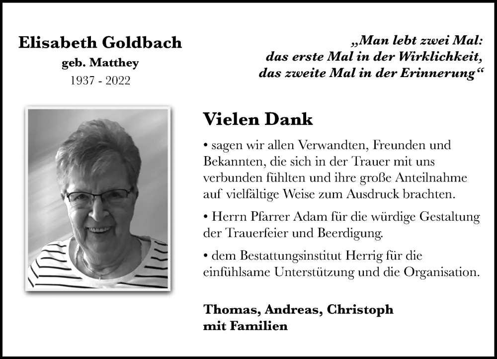  Traueranzeige für Elisabeth Goldbach vom 01.10.2022 aus OK Oberhessen Kurier