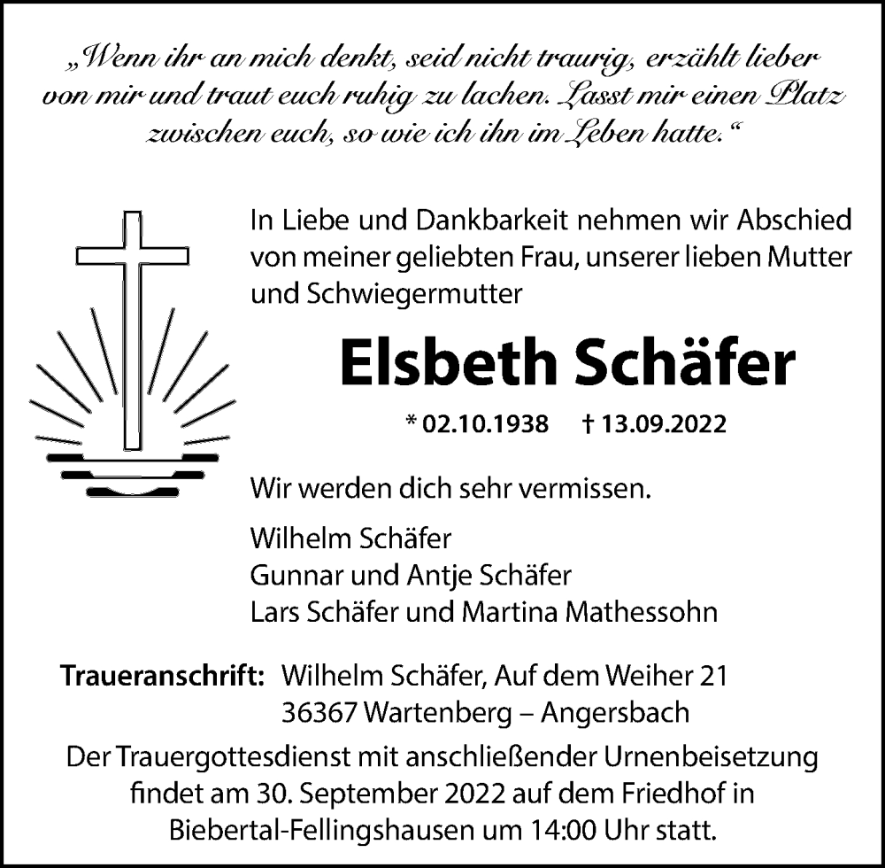  Traueranzeige für Elsbeth Schäfer vom 23.09.2022 aus VRM Trauer
