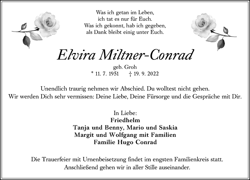  Traueranzeige für Elvira Miltner-Conrad vom 24.09.2022 aus Wetzlarer Neue Zeitung