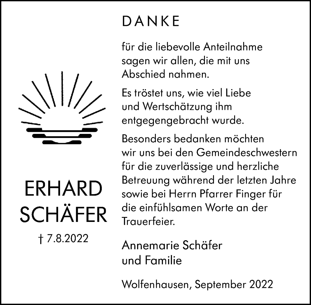  Traueranzeige für Erhard Schäfer vom 03.09.2022 aus Weilburger Tageblatt