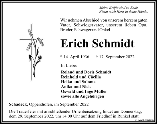 Traueranzeige von Erich Schmidt von Weilburger Tageblatt