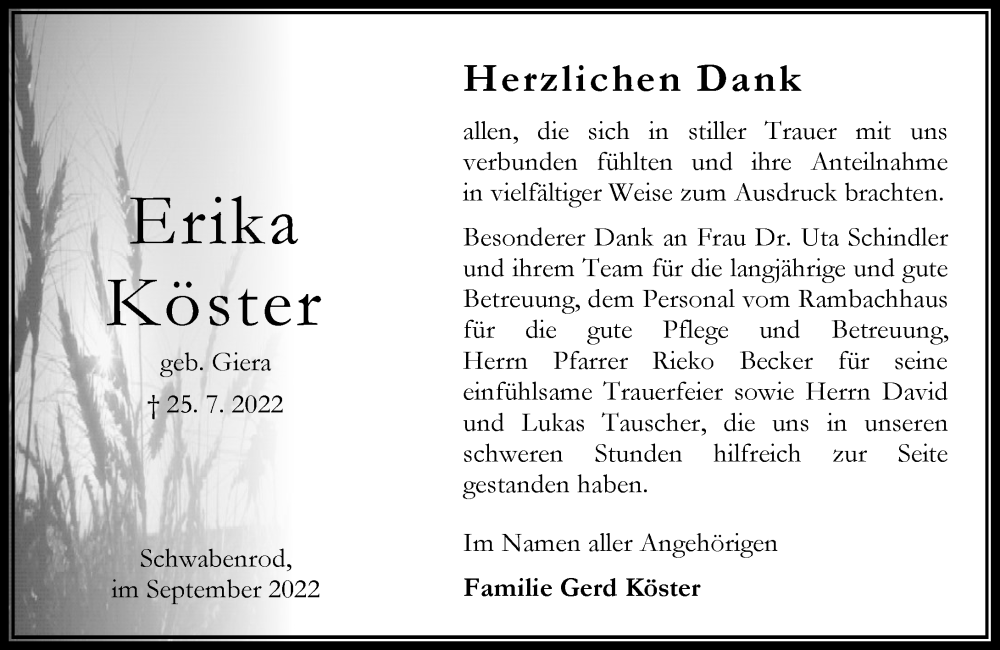  Traueranzeige für Erika Köster vom 24.09.2022 aus OK Oberhessen Kurier