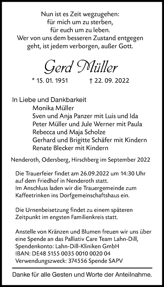 Traueranzeige von Gerd Müller von Dill Block