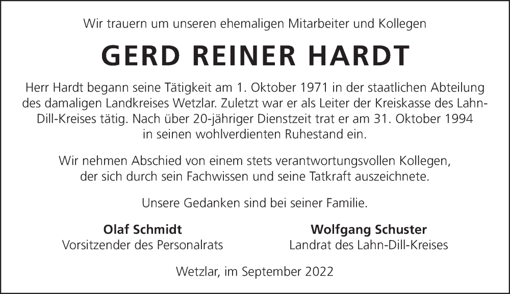  Traueranzeige für Gerd Reiner Hardt vom 30.09.2022 aus Dill Block