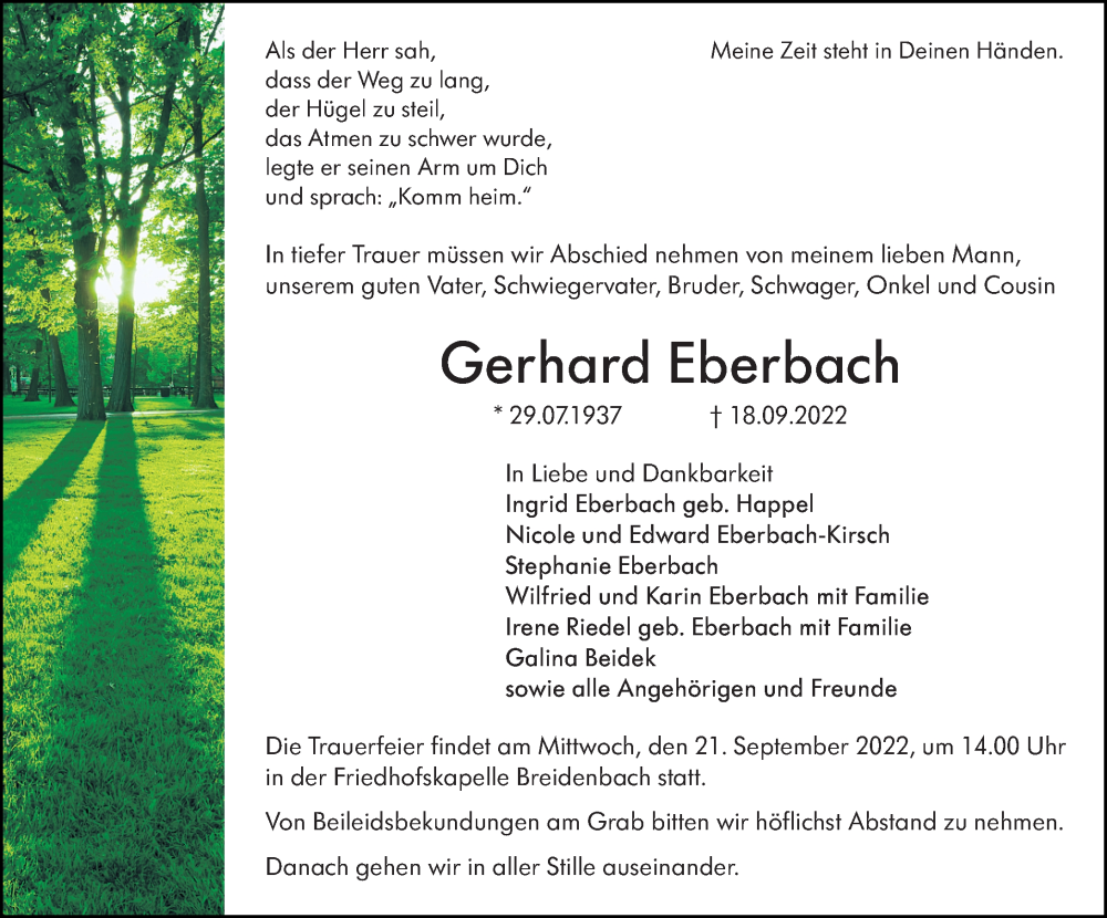  Traueranzeige für Gerhard Eberbach vom 20.09.2022 aus Hinterländer Anzeiger