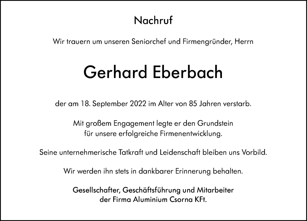  Traueranzeige für Gerhard Eberbach vom 21.09.2022 aus Hinterländer Anzeiger