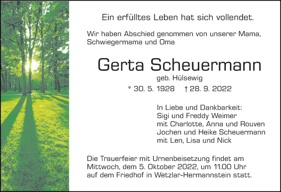Traueranzeige von Gerta Scheuermann von Wetzlarer Neue Zeitung