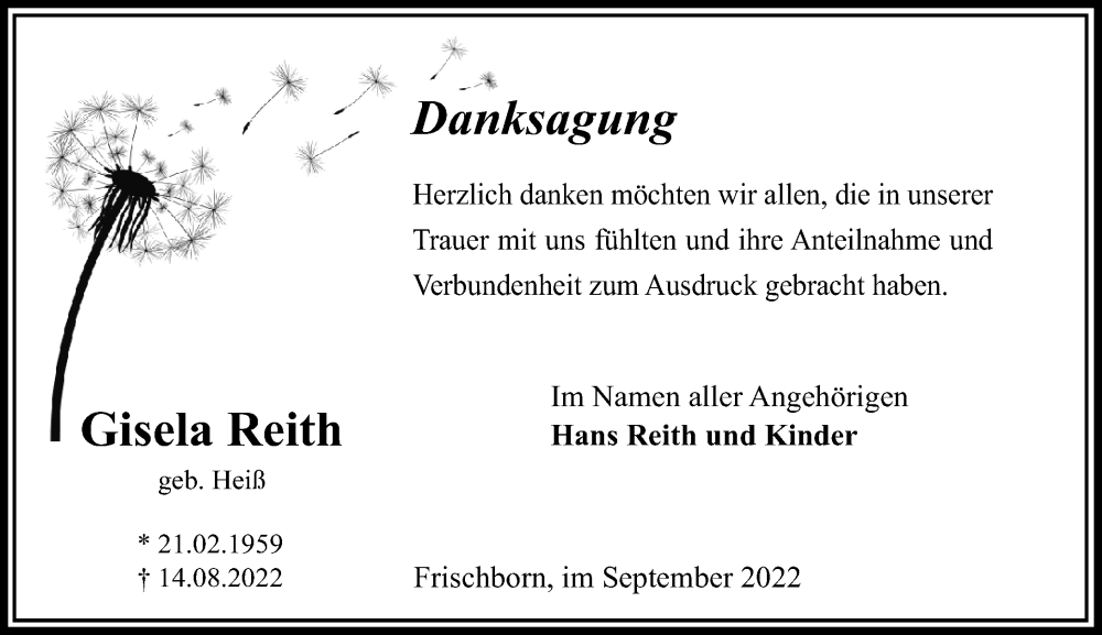  Traueranzeige für Giesela Reith vom 01.10.2022 aus Lauterbacher Anzeiger