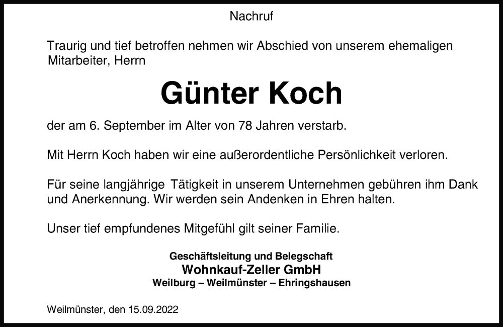  Traueranzeige für Günter Koch vom 17.09.2022 aus Weilburger Tageblatt