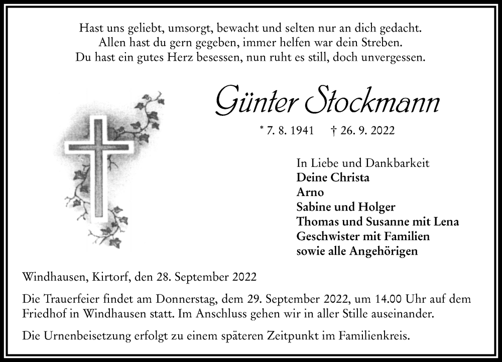  Traueranzeige für Günter Stockmann vom 28.09.2022 aus VRM Trauer