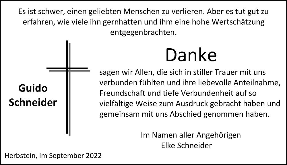  Traueranzeige für Guido Schneider vom 01.10.2022 aus Lauterbacher Anzeiger