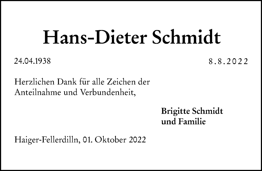  Traueranzeige für Hans-Dieter Schmidt vom 01.10.2022 aus Dill Block