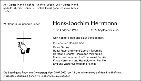 Traueranzeige von Hans-Joachim Herrmann von Hinterländer Anzeiger