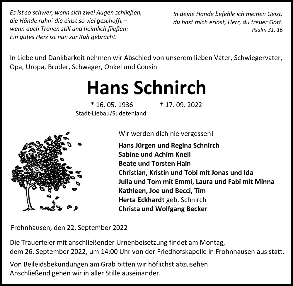 Traueranzeige für Hans Schnirch vom 22.09.2022 aus Dill Block