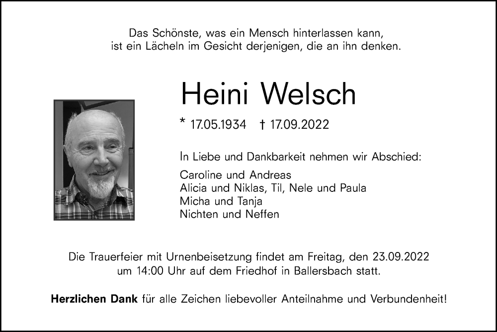  Traueranzeige für Heini Welsch vom 21.09.2022 aus Dill Block