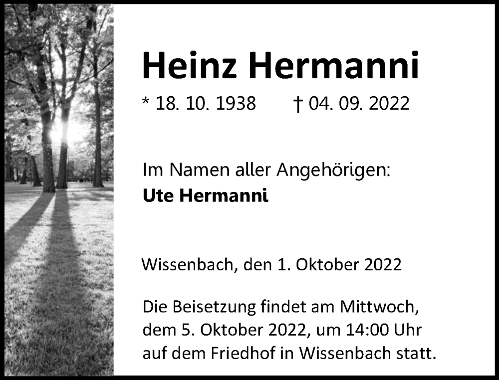  Traueranzeige für Heinz Hermanni vom 01.10.2022 aus Dill Block